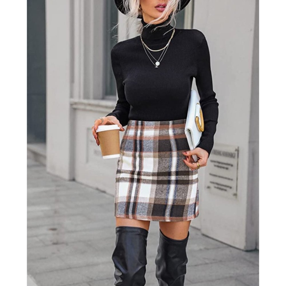 Brown Multi Plaid Printed Knit High Waist Fitted Pencil Bodycon Mini Skirt - Picture 2 of 7